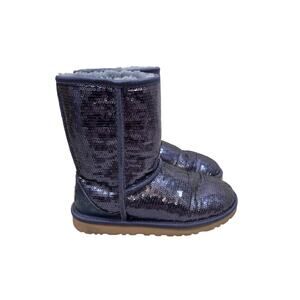 UGG Sequin Boots Womens 7 Blue Classic Short Sparkles Sheepskin Wool Lined